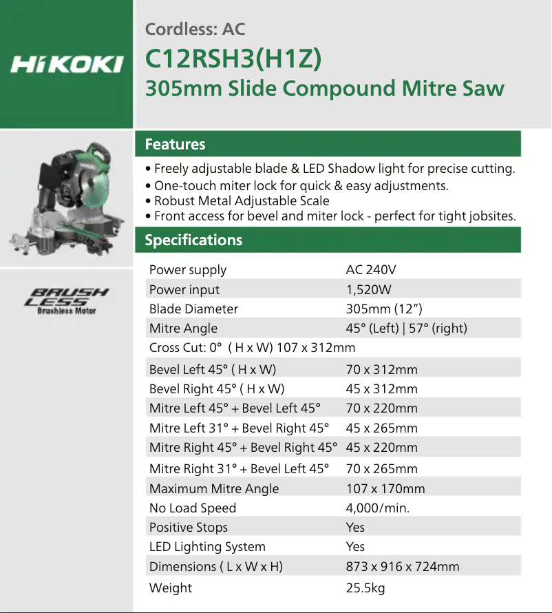 Página 1 del manual Ficha técnica HiKOKI C12RSH3