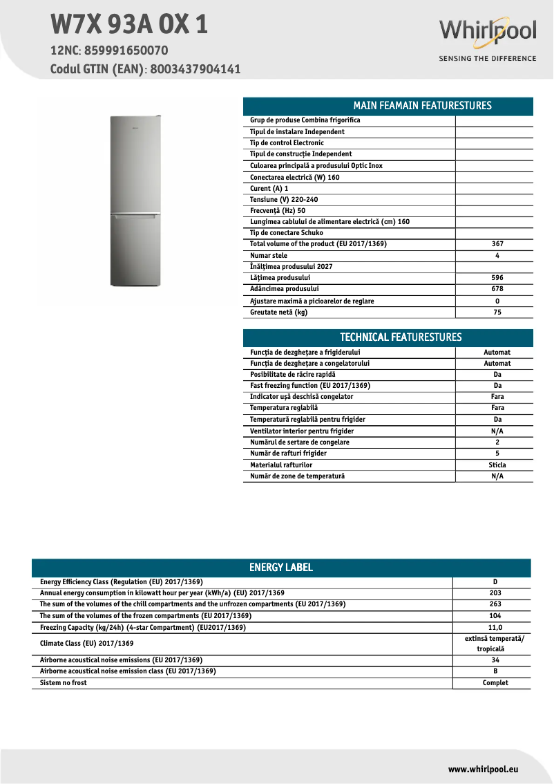 Página 1 del manual Ficha técnica Whirlpool W7X 93A OX