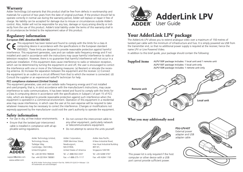 Página nº 1 - Manual de usuario Adder ALPV150R