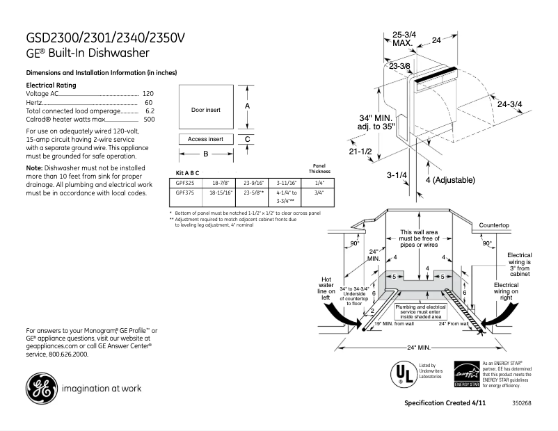 Página 1 del manual Ficha técnica GE GSD2301VWW
