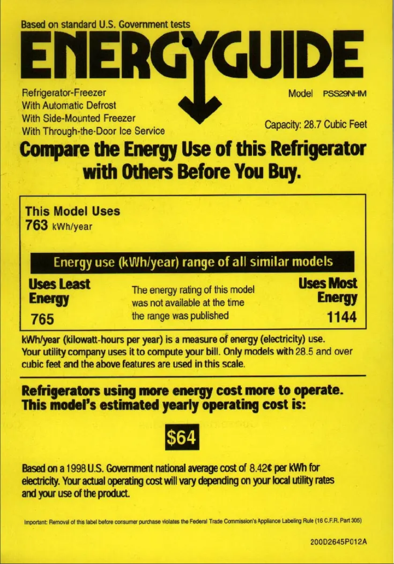 Página 1 del manual Etiqueta energética GE Profile Arctica PSS29NHMBB