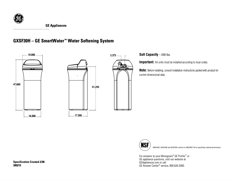 Página 1 del manual Ficha técnica GE GXSF30H