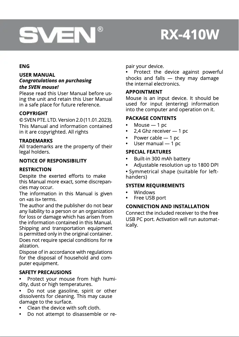 Imagen de la primera página del manual del dispositivo RX-410W