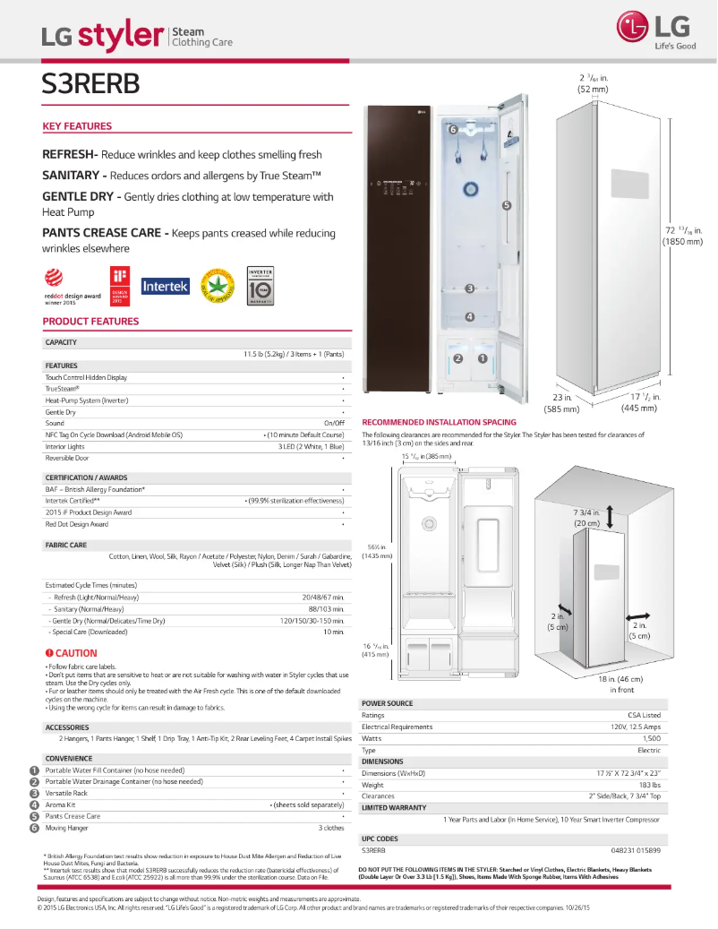 Página 1 del manual Ficha técnica LG Styler S3RERB