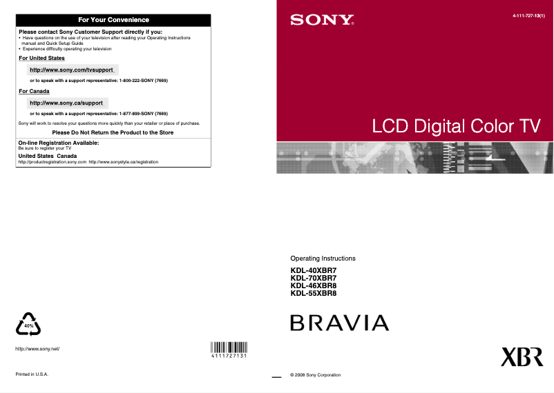 Imagen de la primera página del manual del dispositivo Bravia KDL-46XBR8