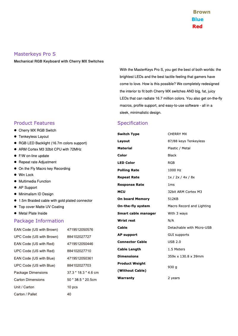 Página 1 del manual Ficha técnica Cooler Master MasterKeys Pro S RGB