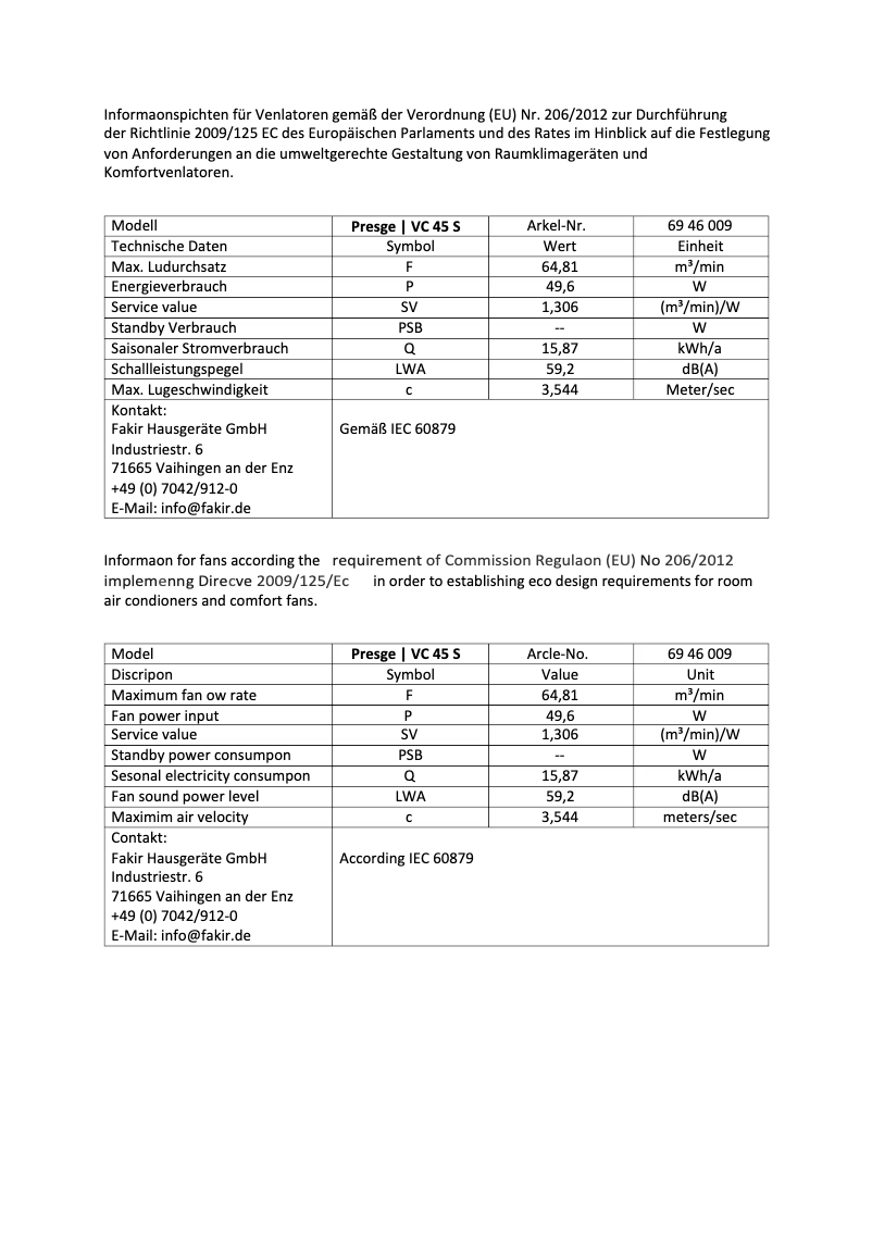 Imagen de la primera página del manual del dispositivo Prestige VC 45 S