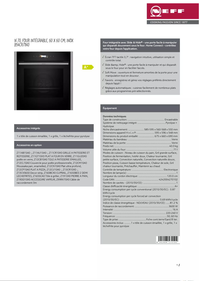 Página 1 del manual Ficha técnica Neff B54CR71N0