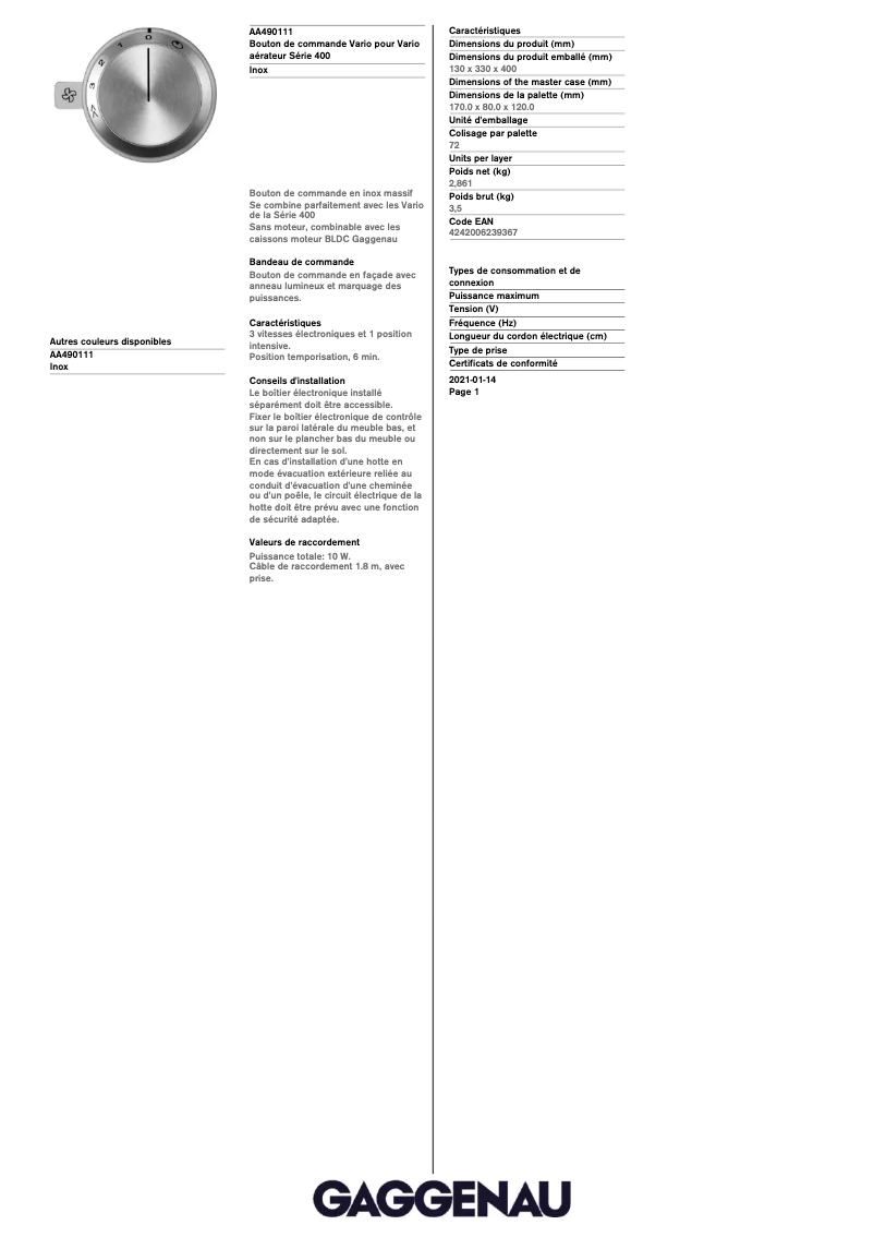 Imagen de la primera página del manual del dispositivo AA490111