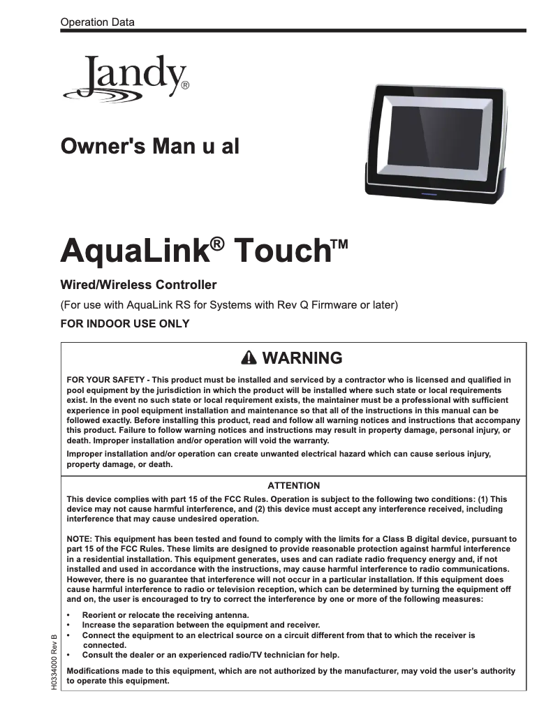 Imagen de la primera página del manual del dispositivo AquaLink Touch