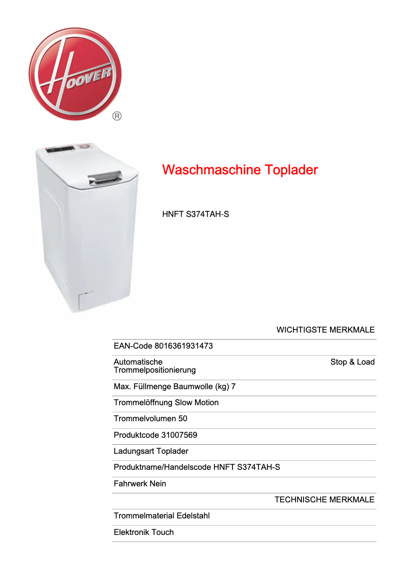 Página 1 del manual Ficha técnica Hoover HNFT S374TAH-S