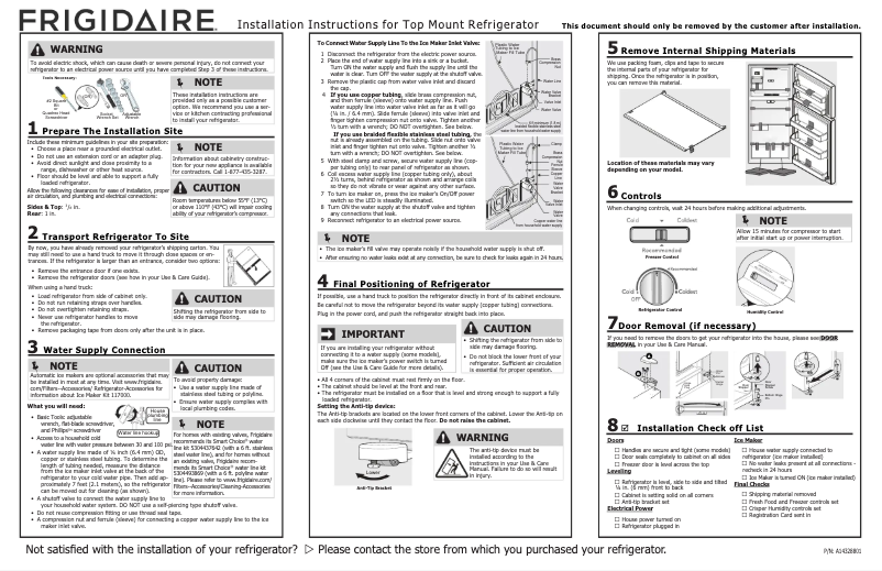 Página 1 del manual Guía de instalación Frigidaire FFTR2045VS