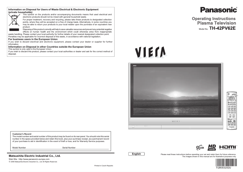 Imagen de la primera página del manual del dispositivo Viera TH-42PV62E