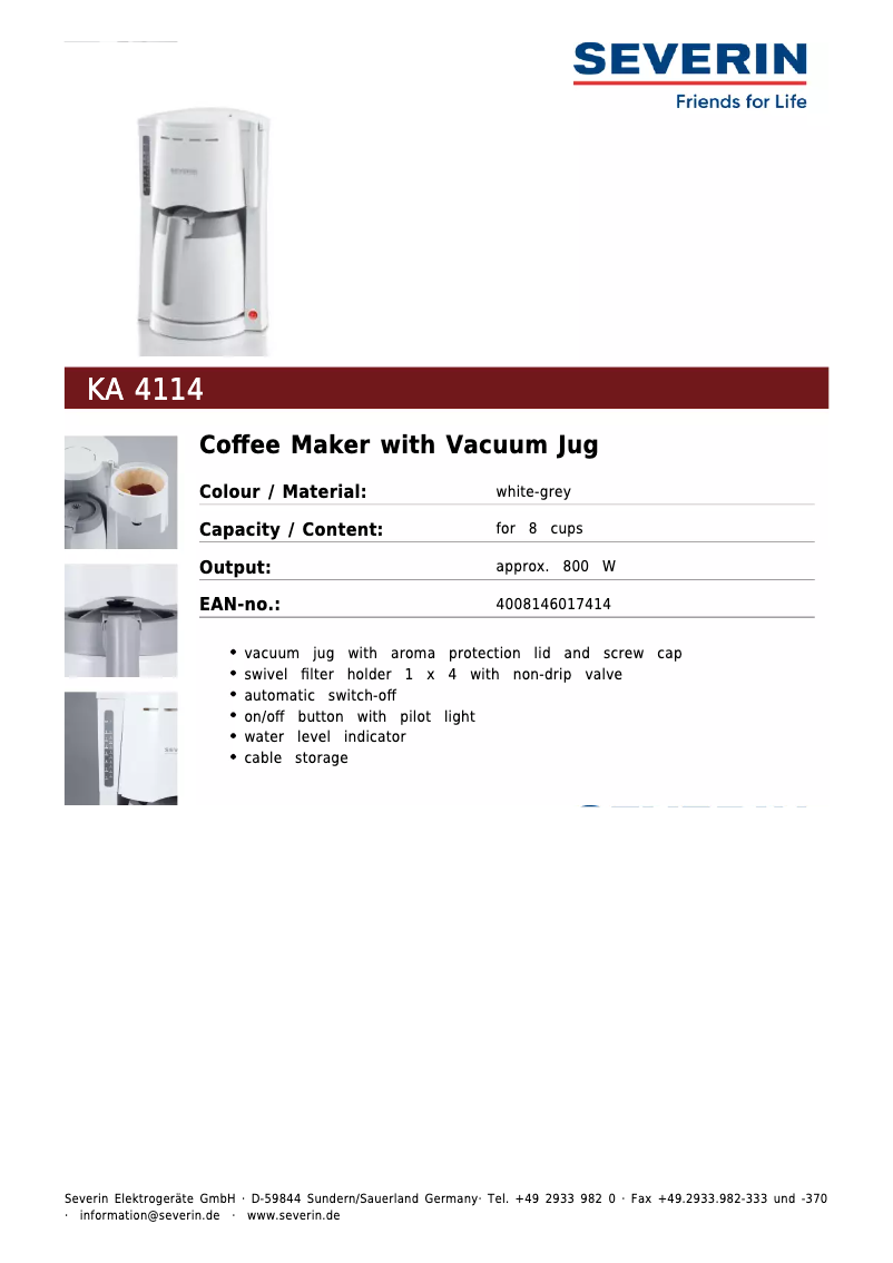 Página 1 del manual Ficha técnica Severin KA 4114