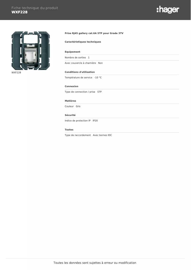Página 1 del manual Ficha técnica Hager WXF228