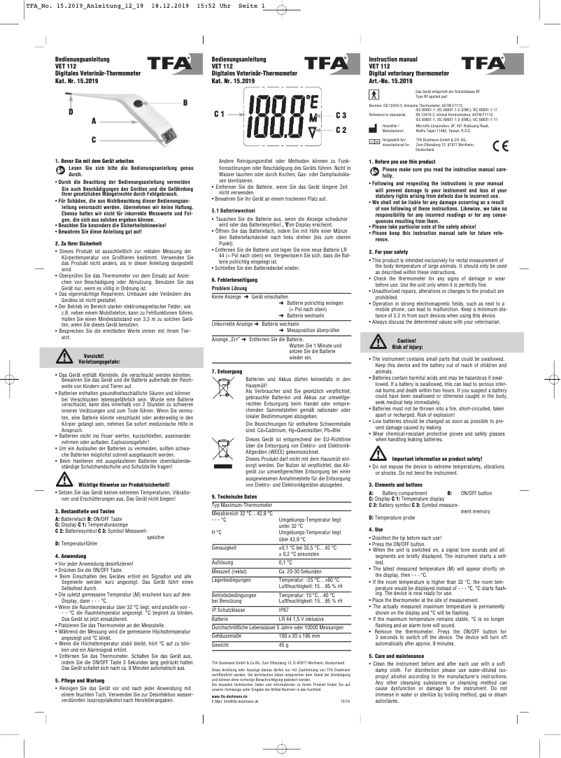 Imagen de la primera página del manual del dispositivo VET 112 15.2019