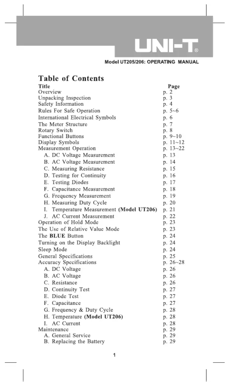 Imagen de la primera página del manual del dispositivo UT205