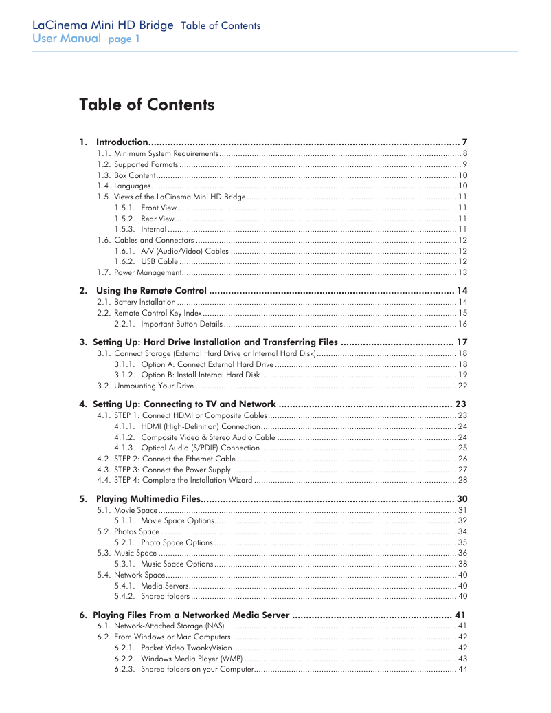 Imagen de la primera página del manual del dispositivo LaCinema Mini HD Bridge