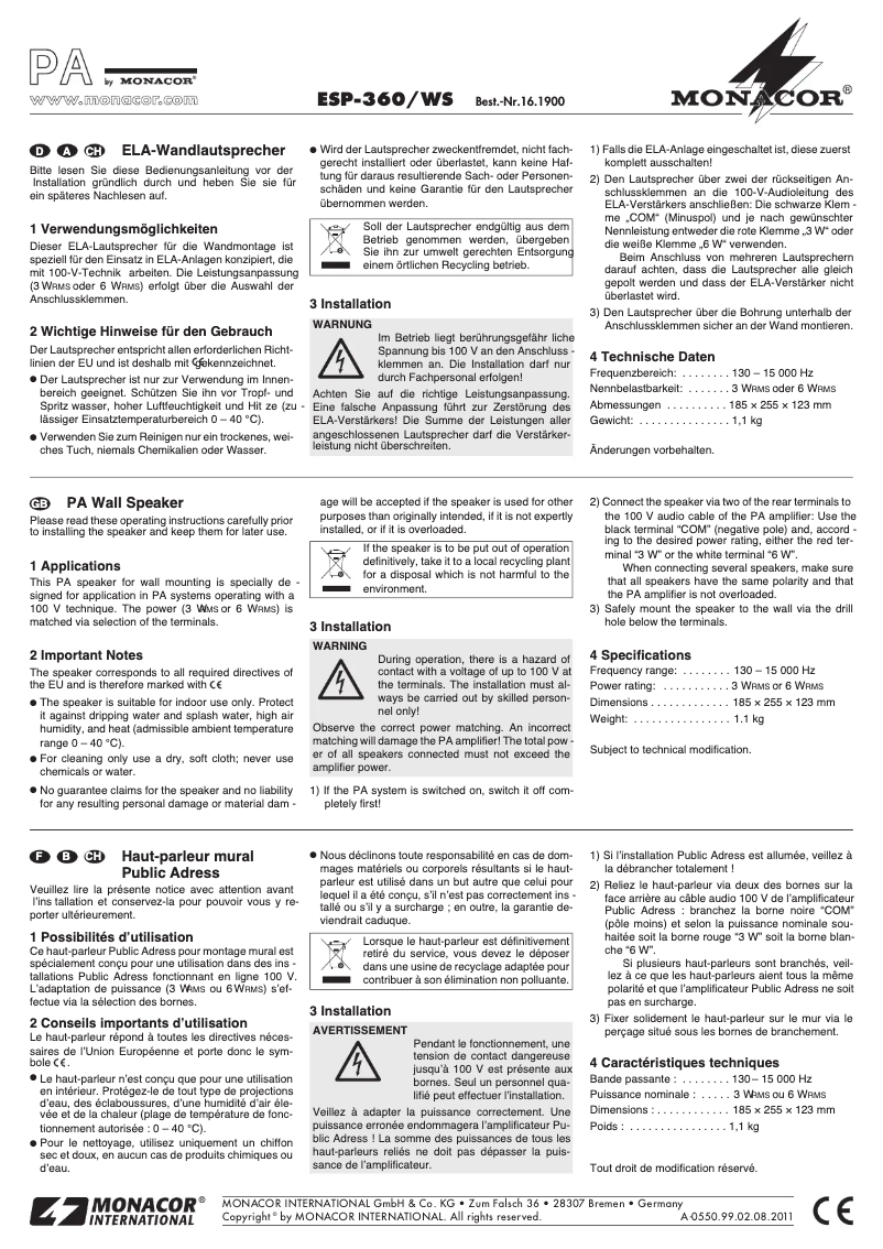 Página 1 del manual Manual de usuario Monacor ESP-360/WS