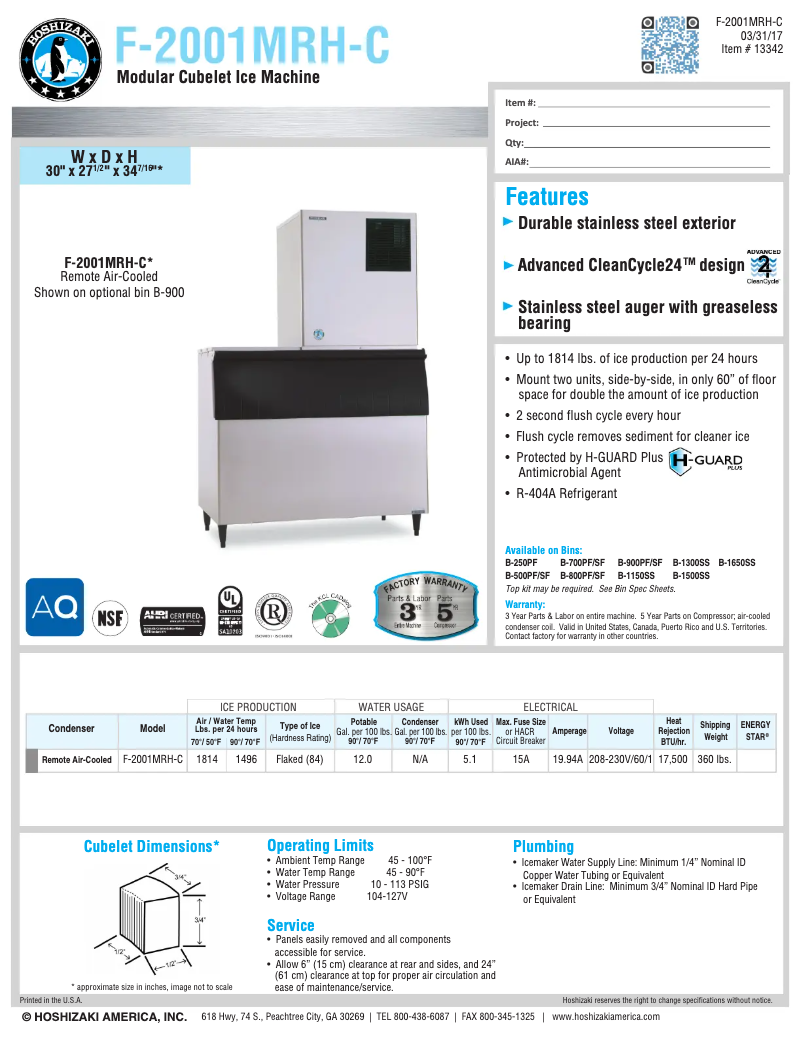Página 1 del manual Ficha técnica Hoshizaki F-2001MRH-C