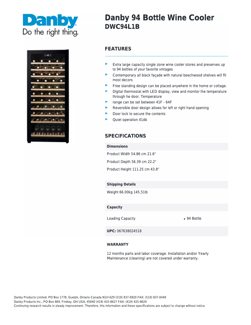 Página 1 del manual Ficha técnica Danby DWC94L1B