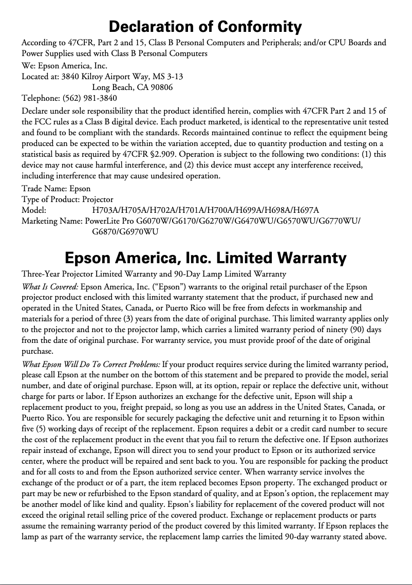 Página 1 del manual Información de garantía Epson PowerLite Pro G6870