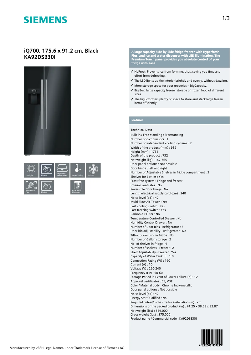 Página nº 1 - Ficha técnica Siemens KA92DSB30I