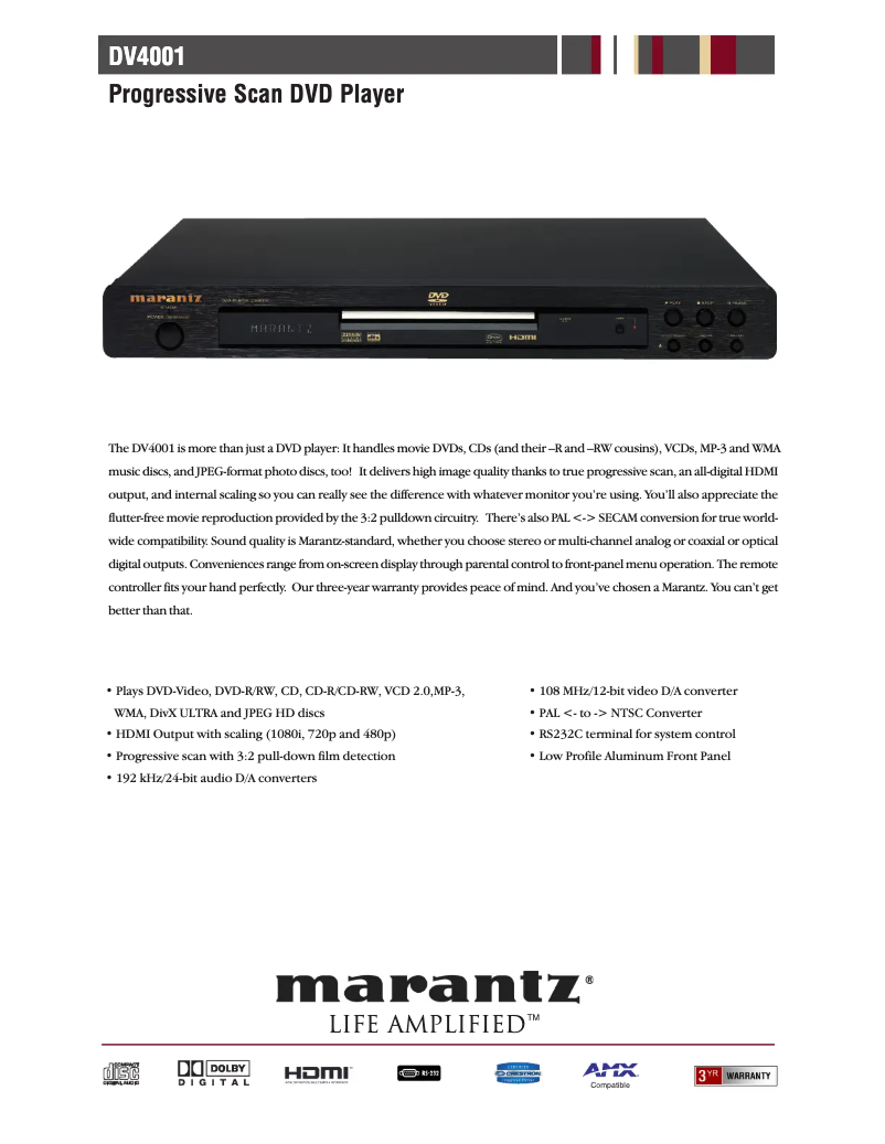 Página 1 del manual Ficha técnica Marantz DV4001