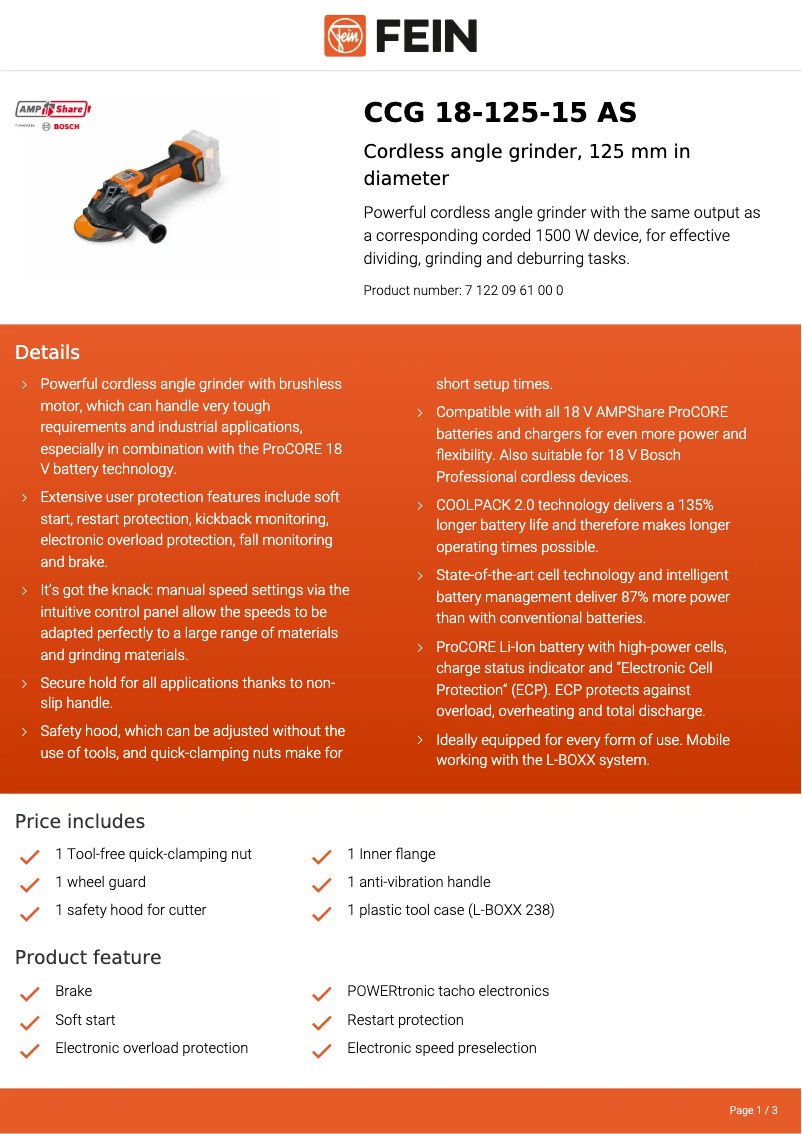 Página 1 del manual Ficha técnica Fein CCG 18-125-15 AS