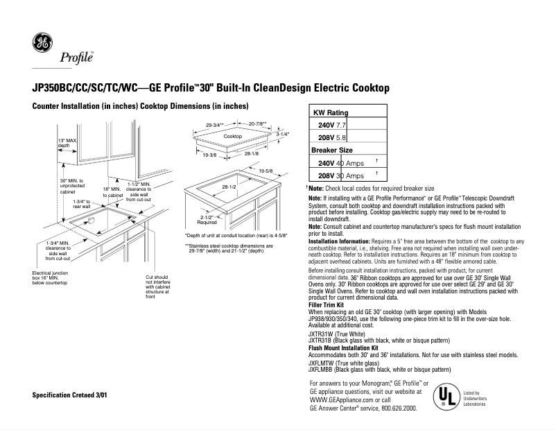 Página 1 del manual Ficha técnica GE Profile JP350CCCC