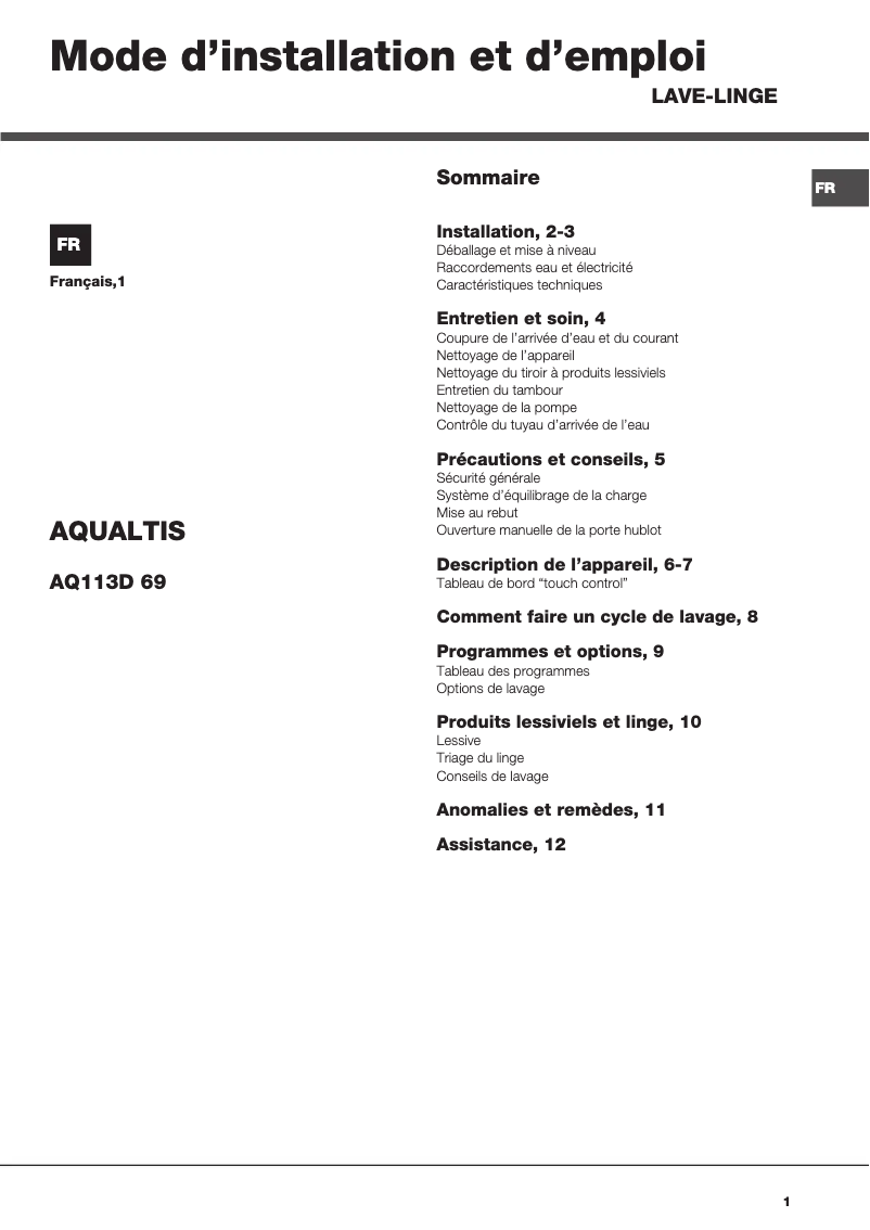 Imagen de la primera página del manual del dispositivo Aqualtis AQ113D 69 FR