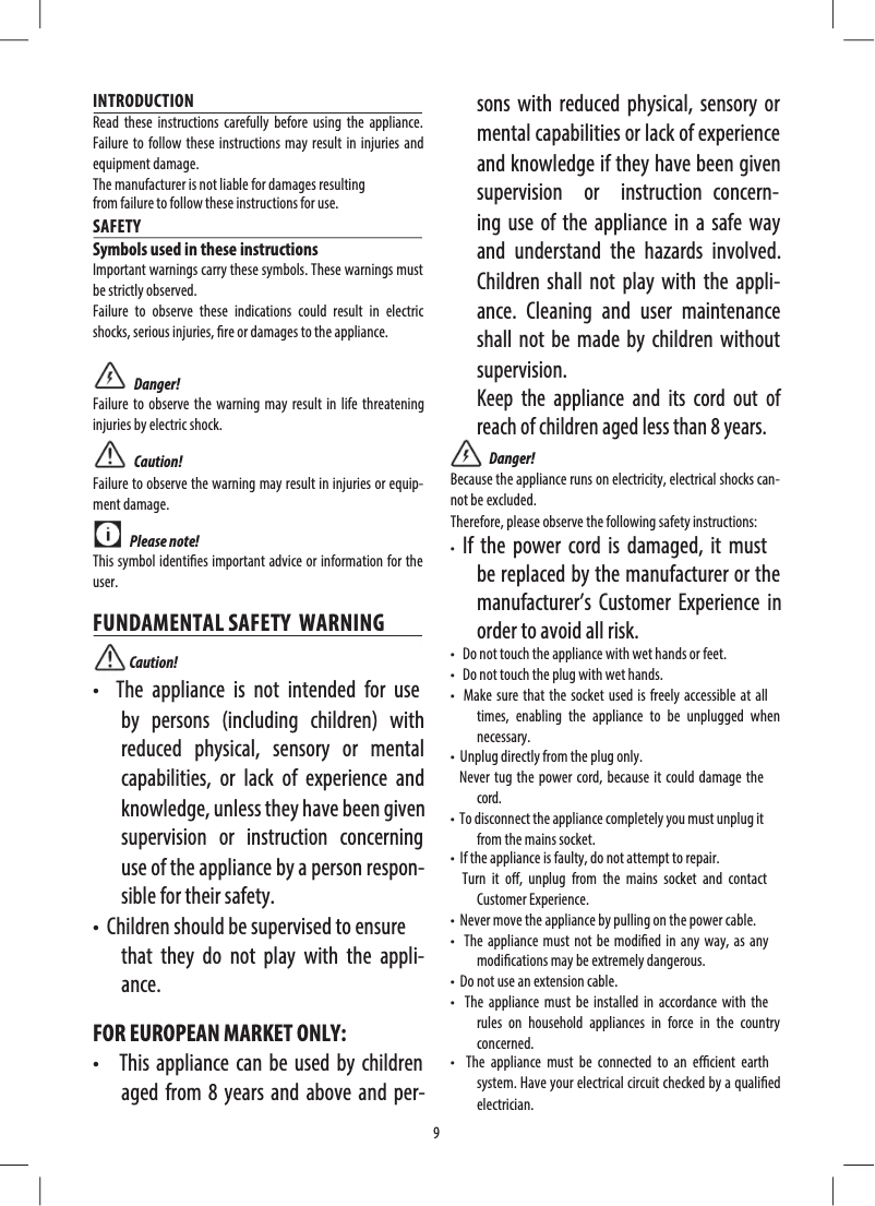 Imagen de la primera página del manual del dispositivo Tasciugo AriaDry DEX216F