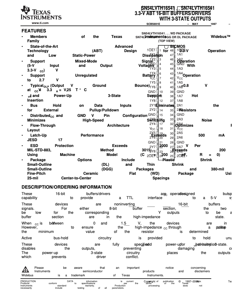 Imagen de la primera página del manual del dispositivo SN74LVTH16541DL