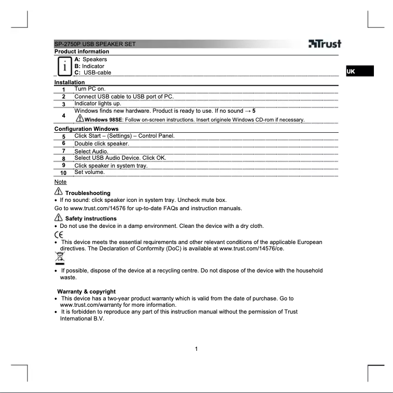 Página 1 del manual Manual de usuario Trust SoundForce SP-2750p