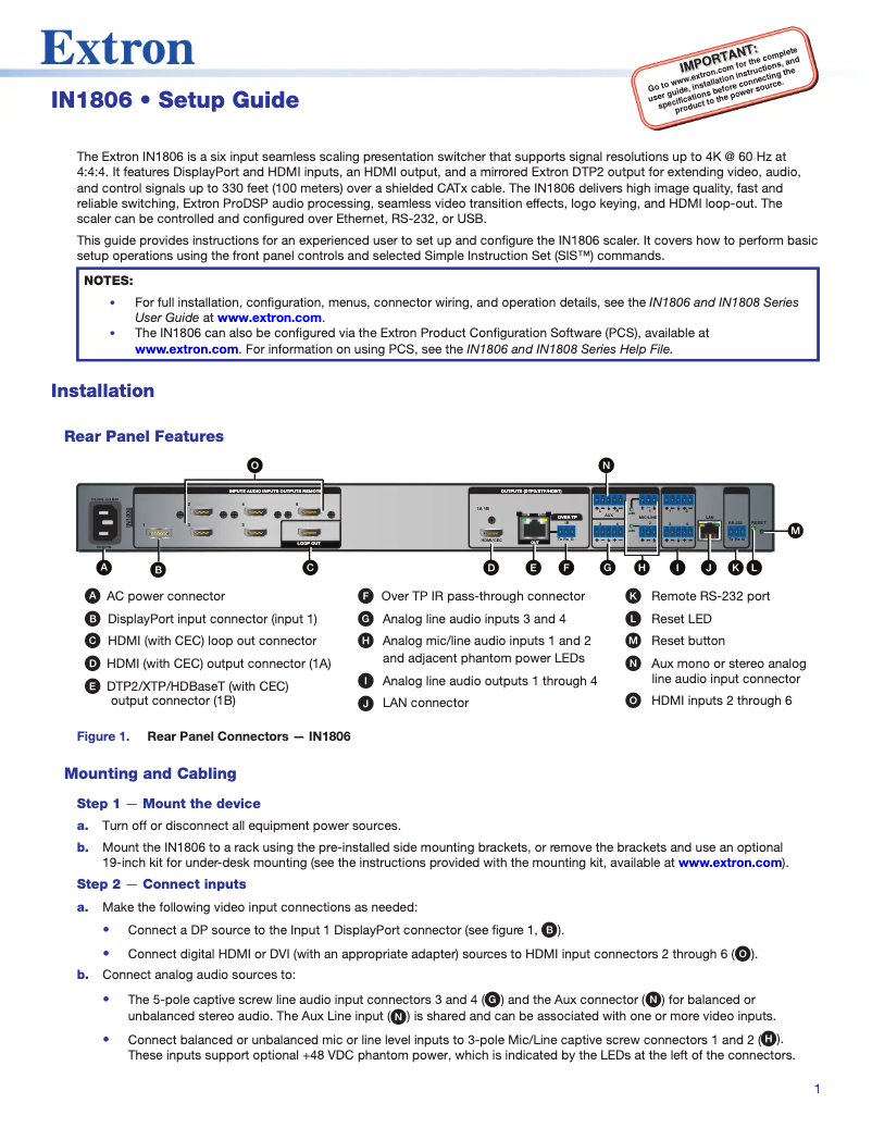 Página 1 del manual Manual de usuario Extron IN1806