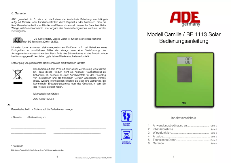 Imagen de la primera página del manual del dispositivo Camille BE 1113