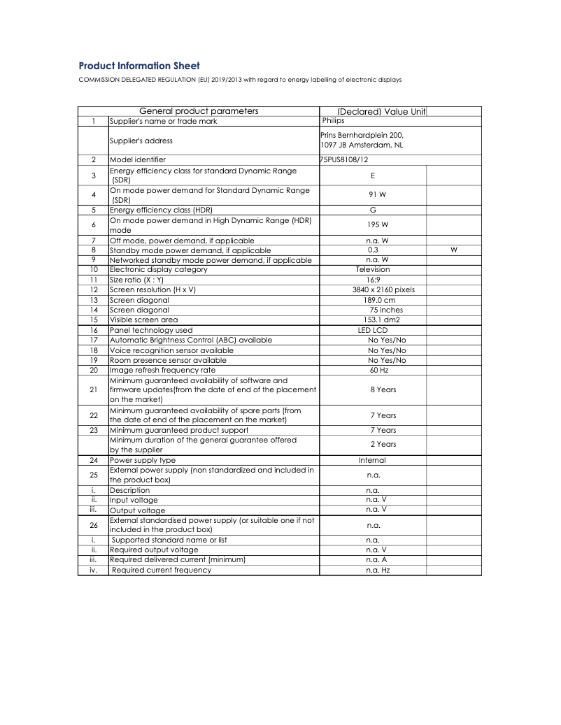 Página 1 del manual Ficha técnica Philips 75PUS8108