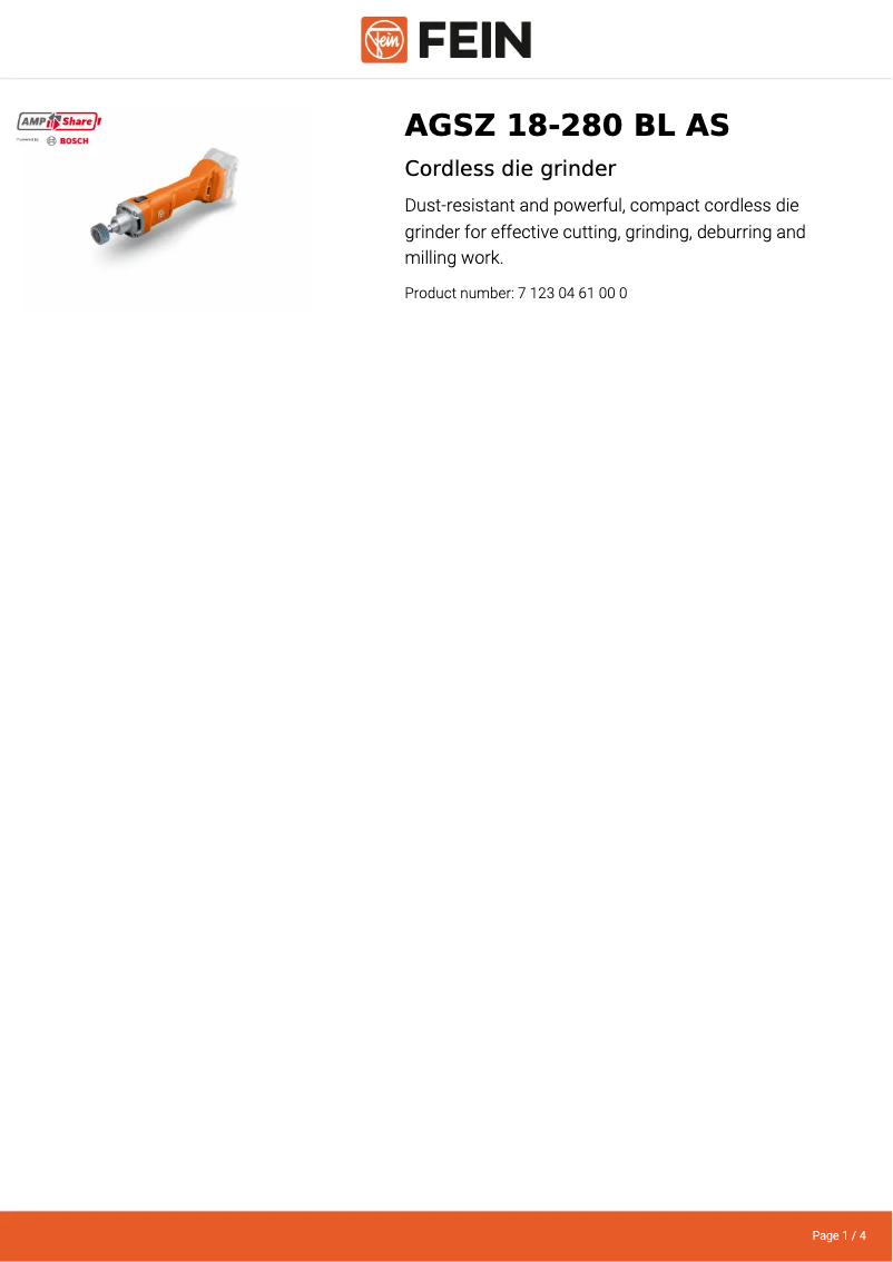 Página 1 del manual Ficha técnica Fein AGSZ 18-280 BL AS