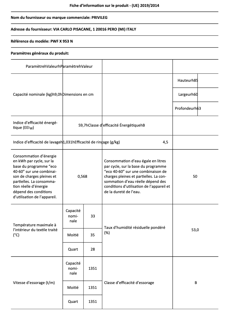 Página 1 del manual Ficha técnica Privileg PWF X 953 N