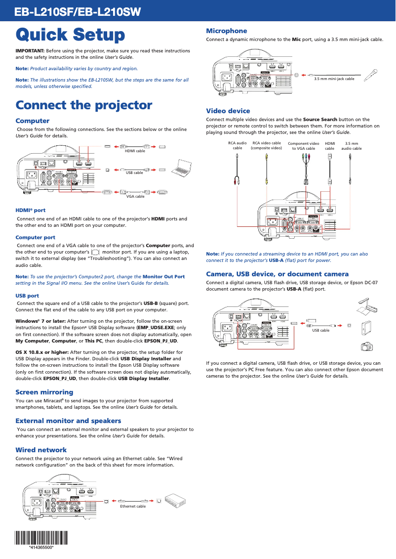 Imagen de la primera página del manual del dispositivo PowerLite EB-L210SF