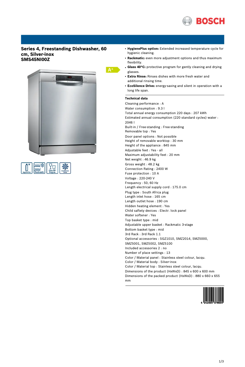 Página nº 1 - Ficha técnica Bosch SMS45NI00Z