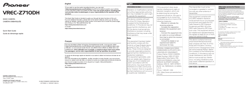 Página 1 del manual Guía de inicio rápido Pioneer VREC-Z710DH