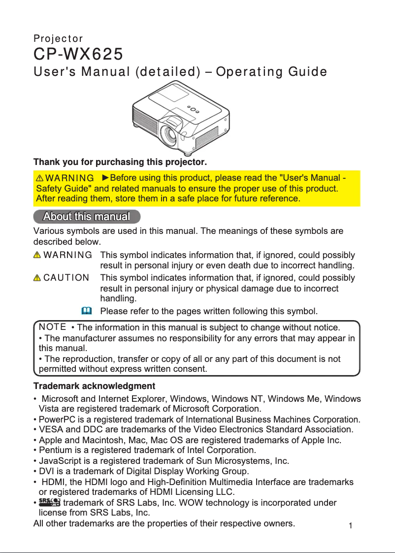 Página nº 1 - Manual de usuario Hitachi CP-WX625