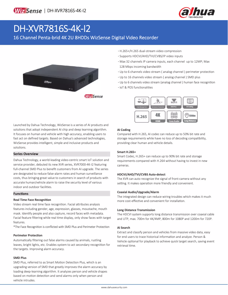 Página nº 1 - Ficha técnica Dahua Technology XVR7816S-4K-I2