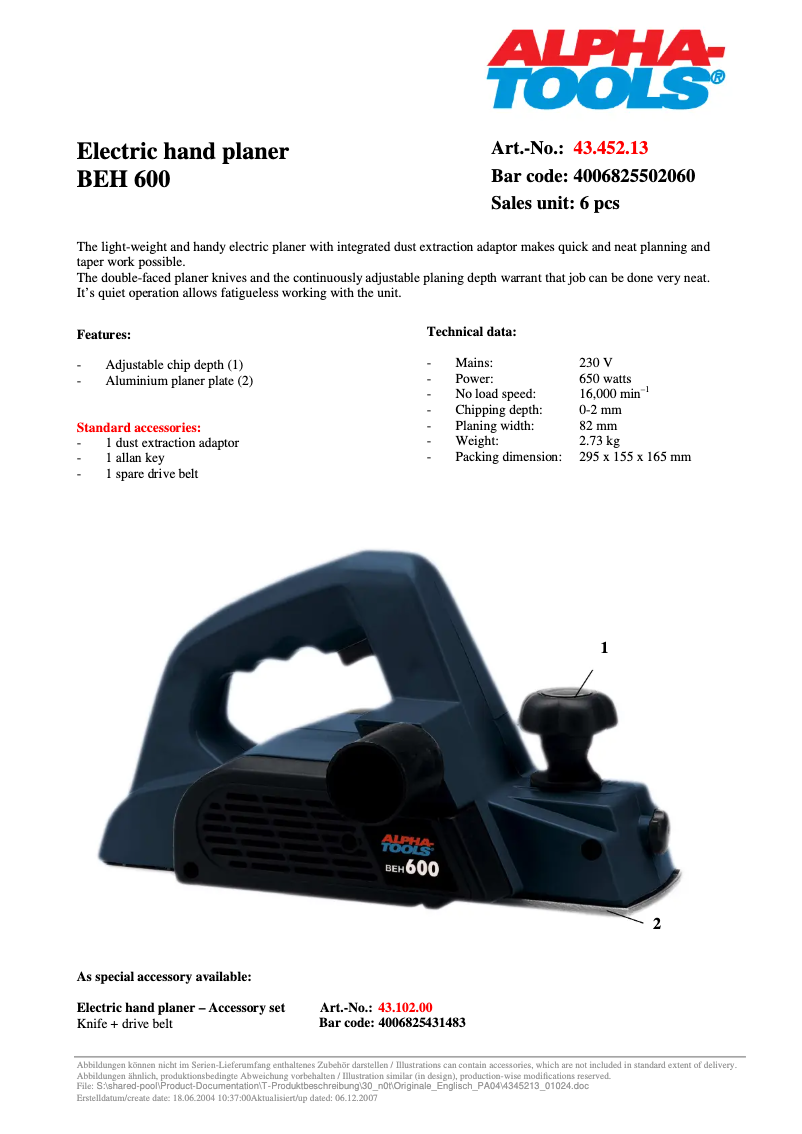 Página 1 del manual Ficha técnica Alpha Tools BEH 600