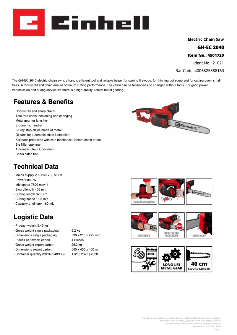 Página 1 del manual Ficha técnica Einhell GH-EC 2040