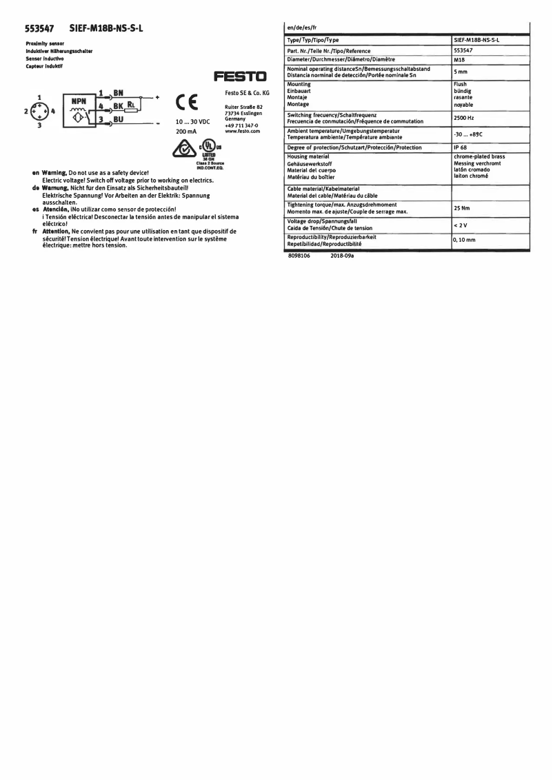 Imagen de la primera página del manual del dispositivo SIEF-M18B-NS-S-L