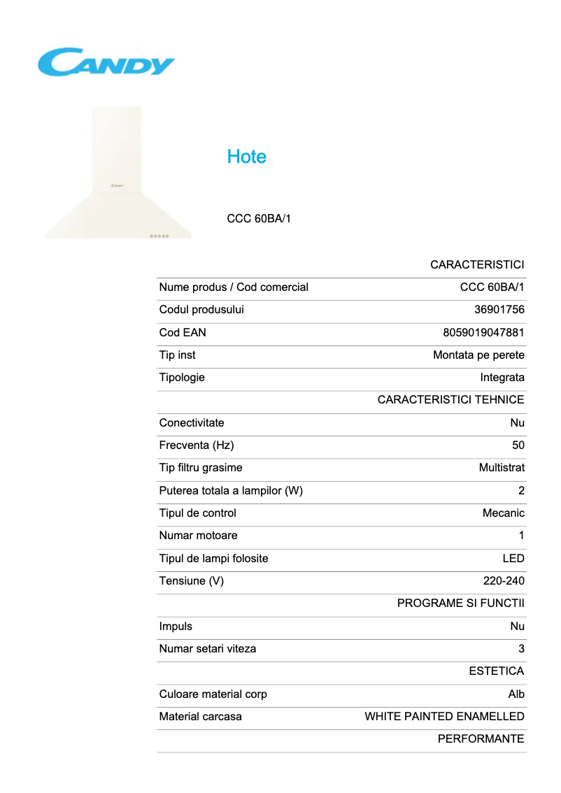 Página 1 del manual Ficha técnica Candy CCC 60BA/1