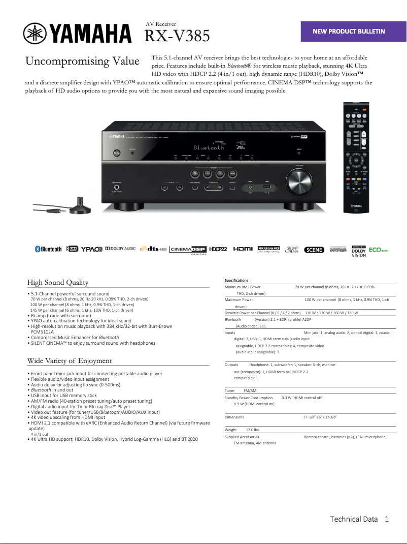 Imagen de la primera página del manual del dispositivo RX-V385