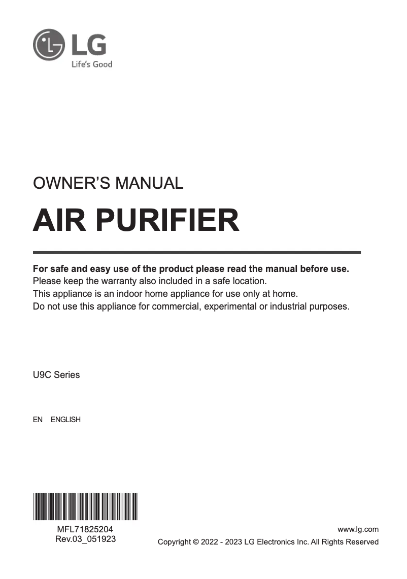Imagen de la primera página del manual del dispositivo PuriCare AeroTower U9CV1C